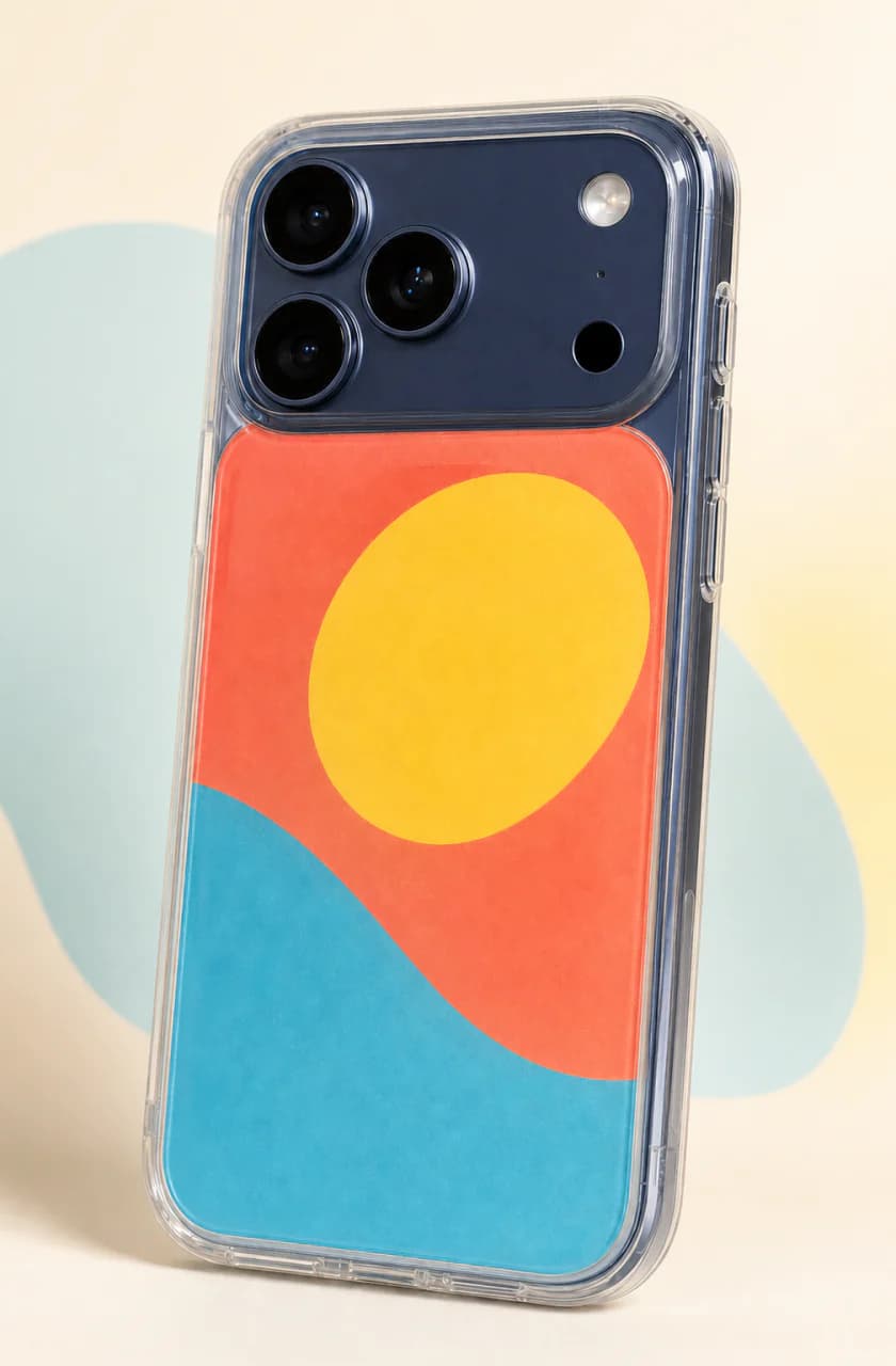 Husă transparentă personalizată cu un desen abstract, montată pe un iPhone 17 Pro